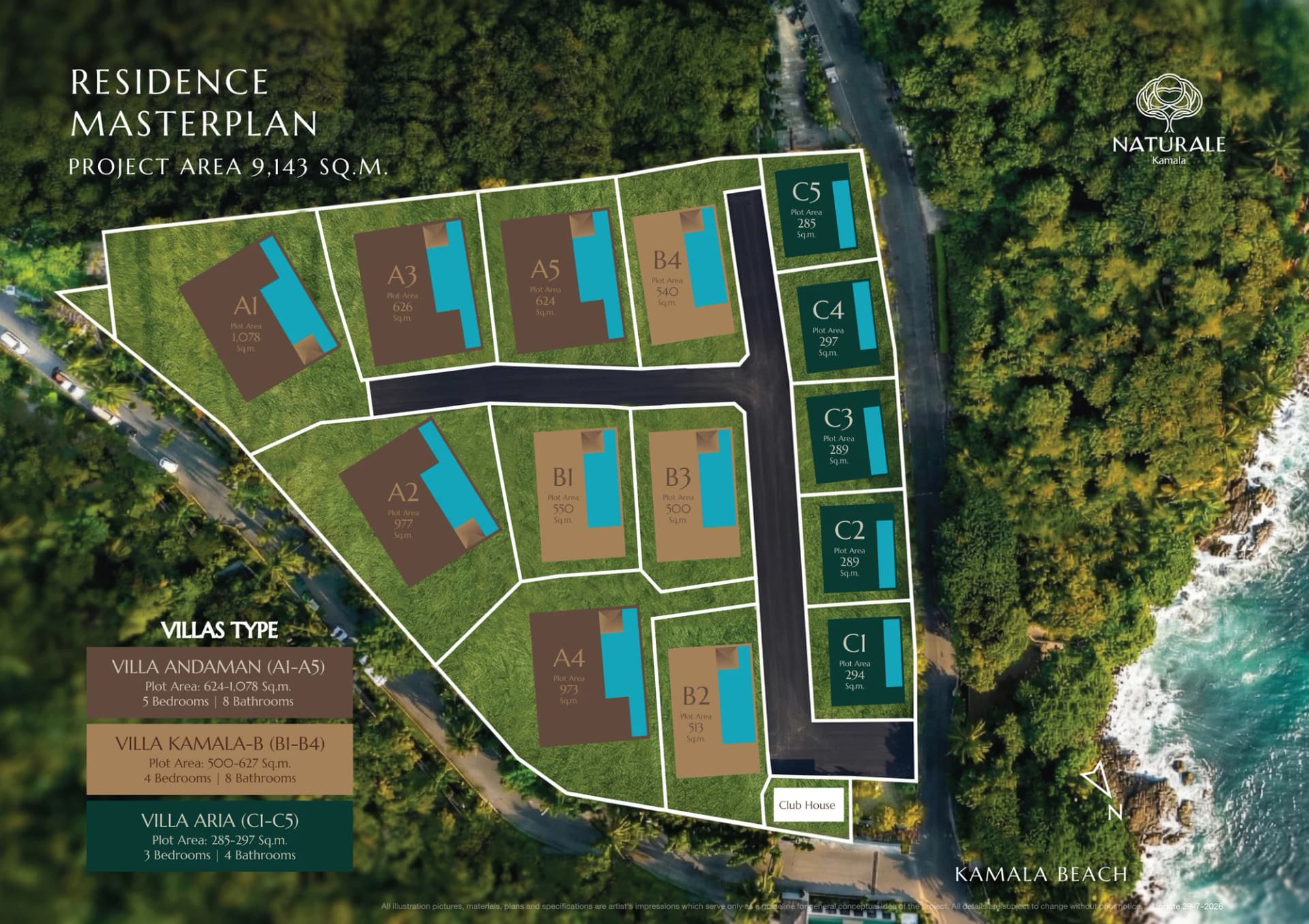 Masterplan von Naturale Kamala: 14 Grundstücke, die interne Straße und das Clubhaus auf 9.143 m²