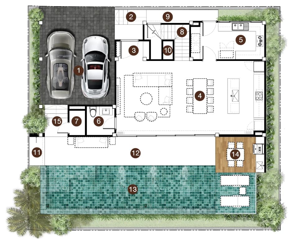 Plan du rez-de-chaussée de la villa Aria avec les pièces numérotées