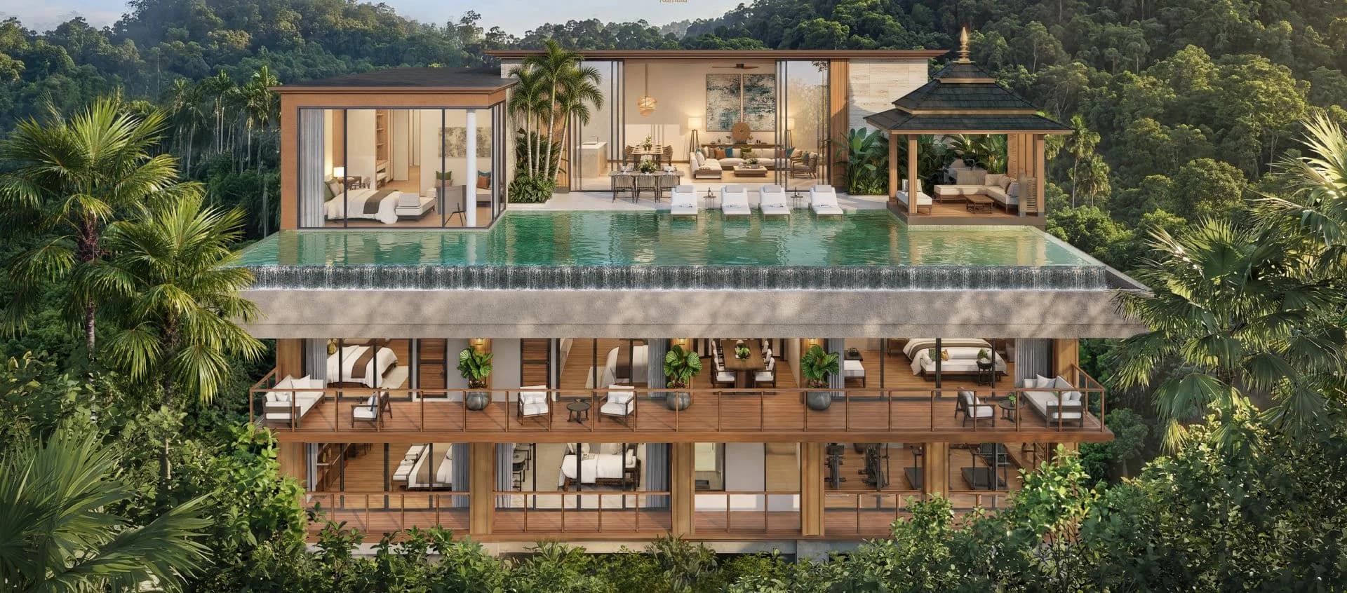 Villa Andaman von vorn: der Dachpool und die Sala über der Holzterrassenebene